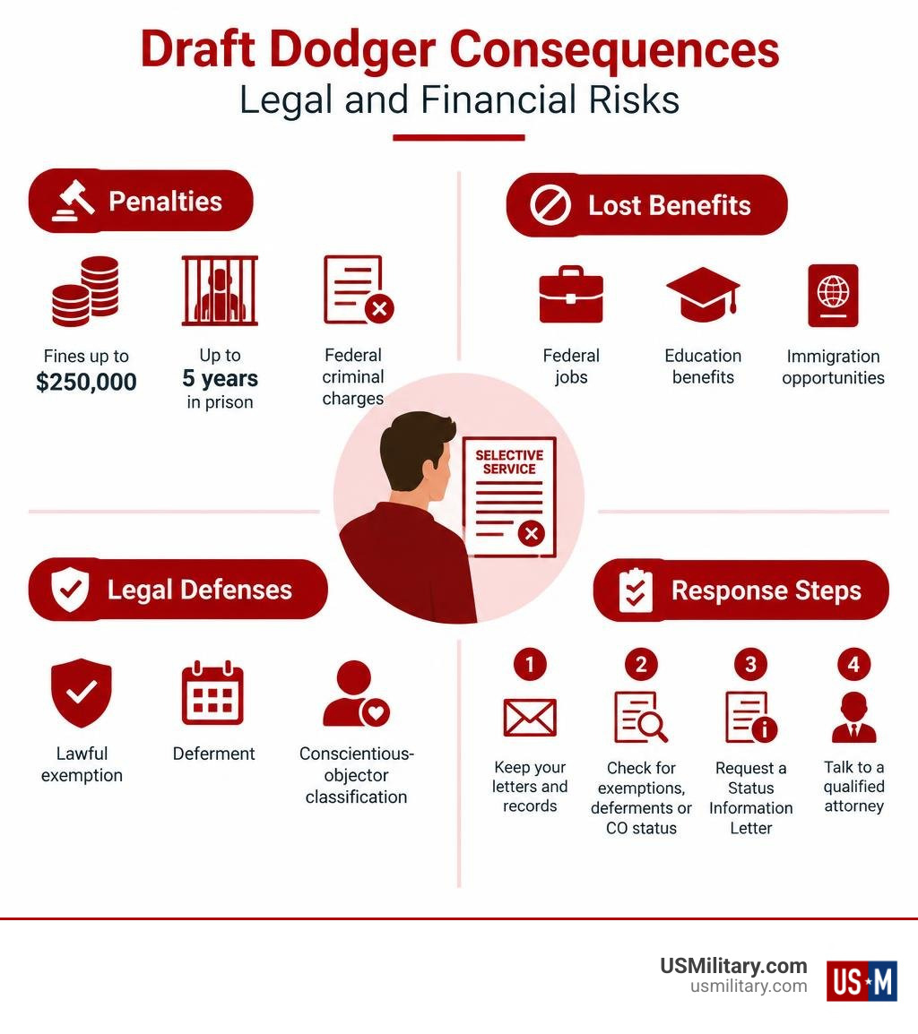 Infographic showing draft evasion penalties, lost benefits, legal defenses, and response steps infographic Infographic showing draft evasion penalties, lost benefits, legal defenses, and response steps infographic
