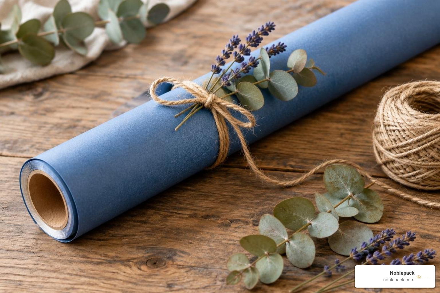 Sustainable blue wrapping paper styled with natural twine and dried botanicals