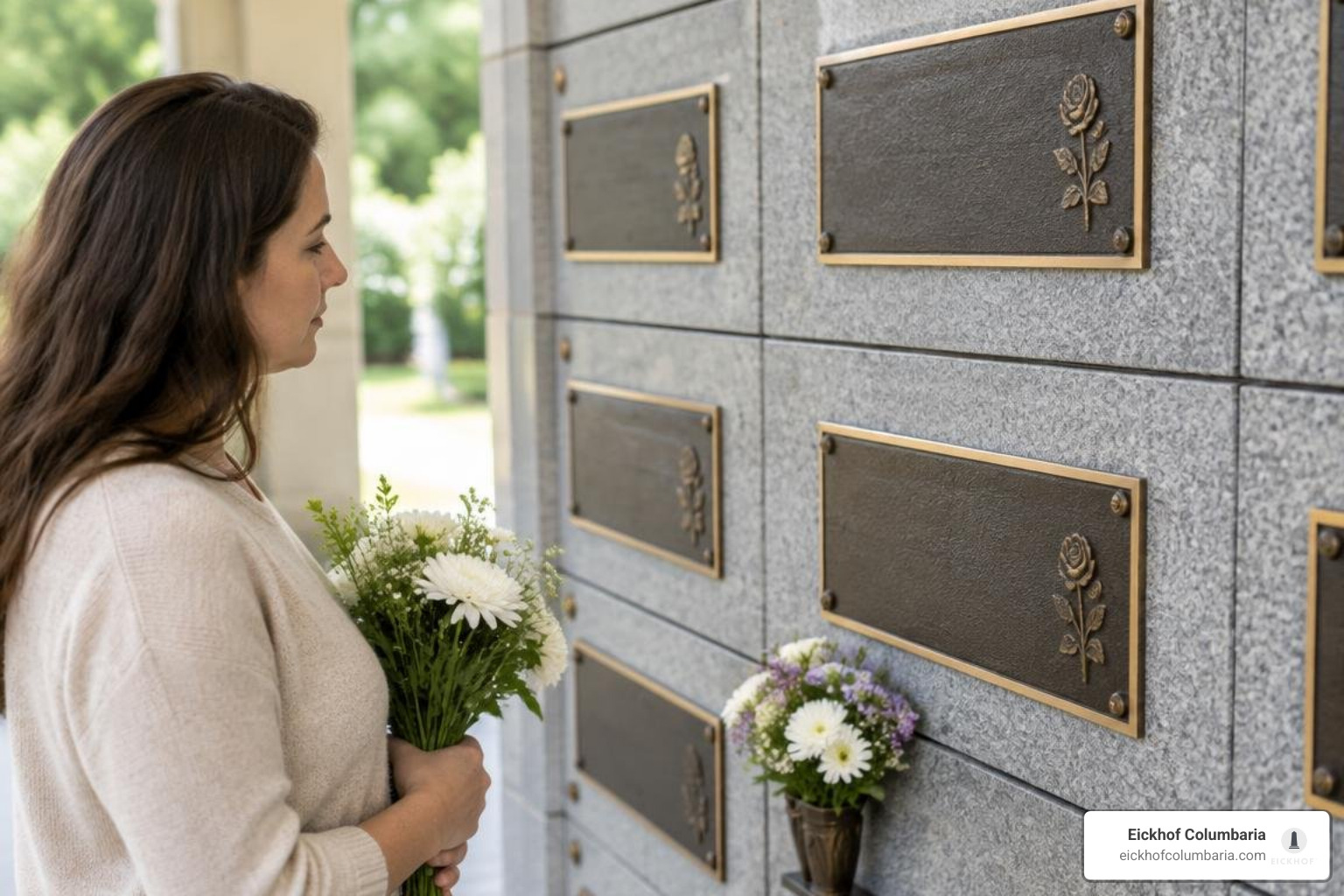 Engraved bronze memorial plaques on stone columbarium niches Engraved bronze memorial plaques on stone columbarium niches