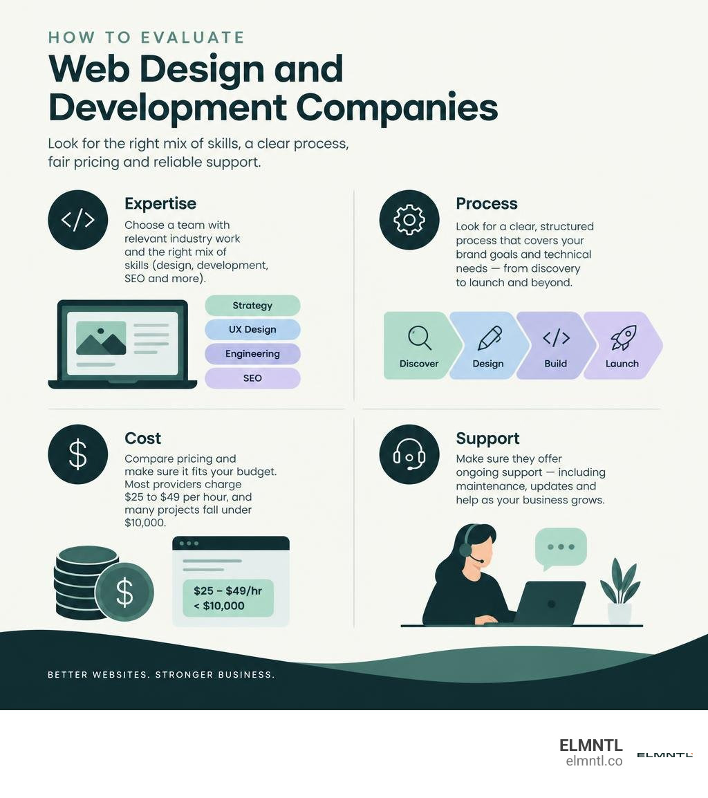 How to evaluate web design and development companies: expertise, process, cost, support infographic