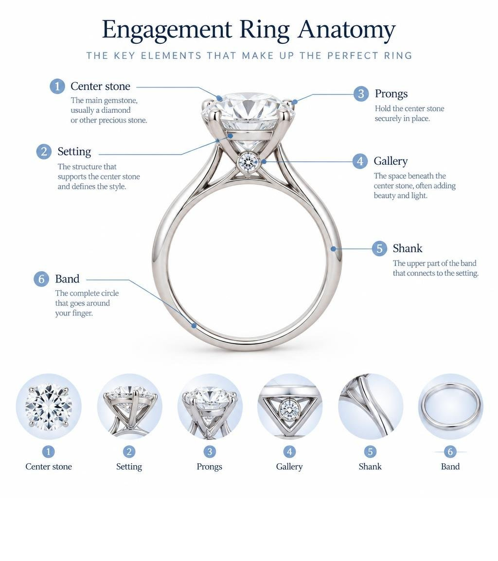 Engagement ring anatomy: center stone, setting, prongs, gallery, shank, and band infographic