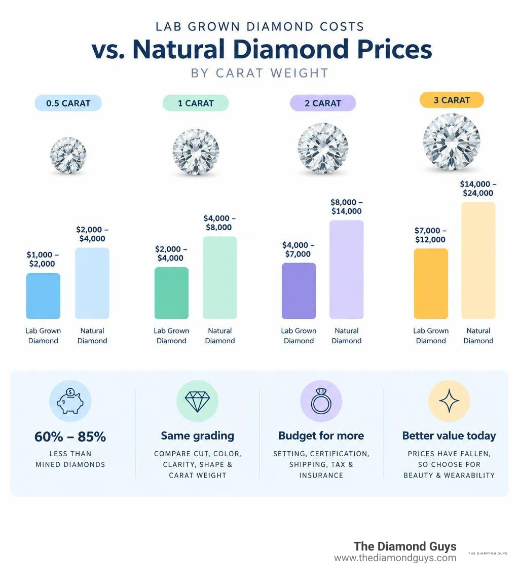 Lab grown diamond costs by carat weight compared with natural diamond prices infographic Lab grown diamond costs by carat weight compared with natural diamond prices infographic