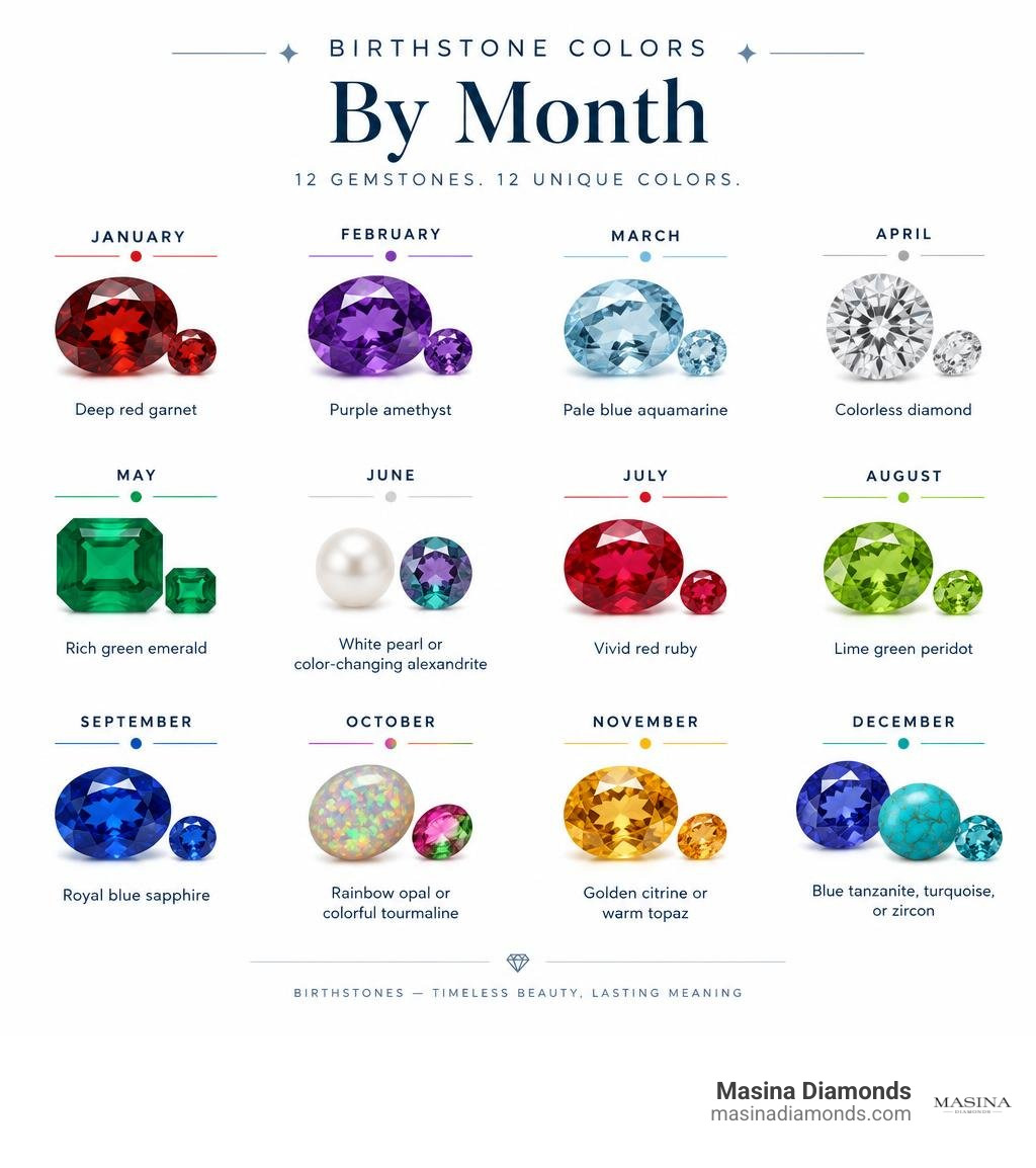 Birthstone colors by month chart with gemstone shades and month labels infographic Birthstone colors by month chart with gemstone shades and month labels infographic