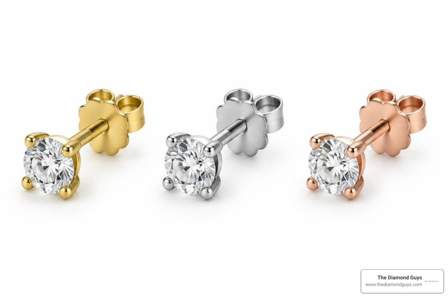 Comparison of 18k yellow, white, and rose gold earring settings Comparison of 18k yellow, white, and rose gold earring settings