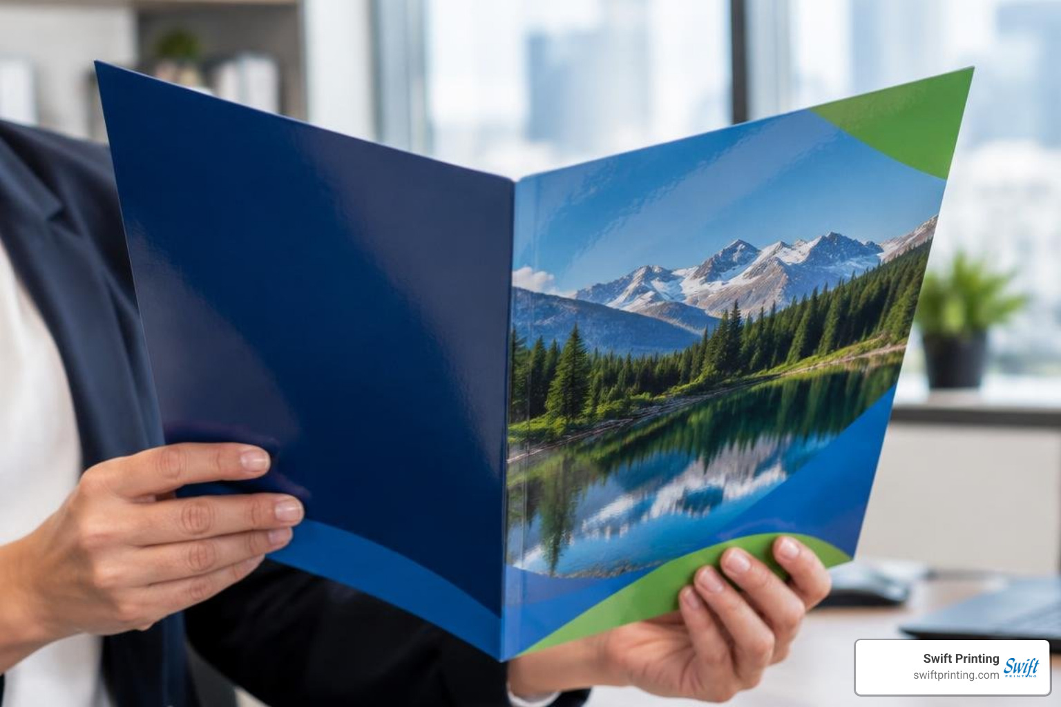 vibrant full-color graphics on a high-gloss presentation folder vibrant full-color graphics on a high-gloss presentation folder