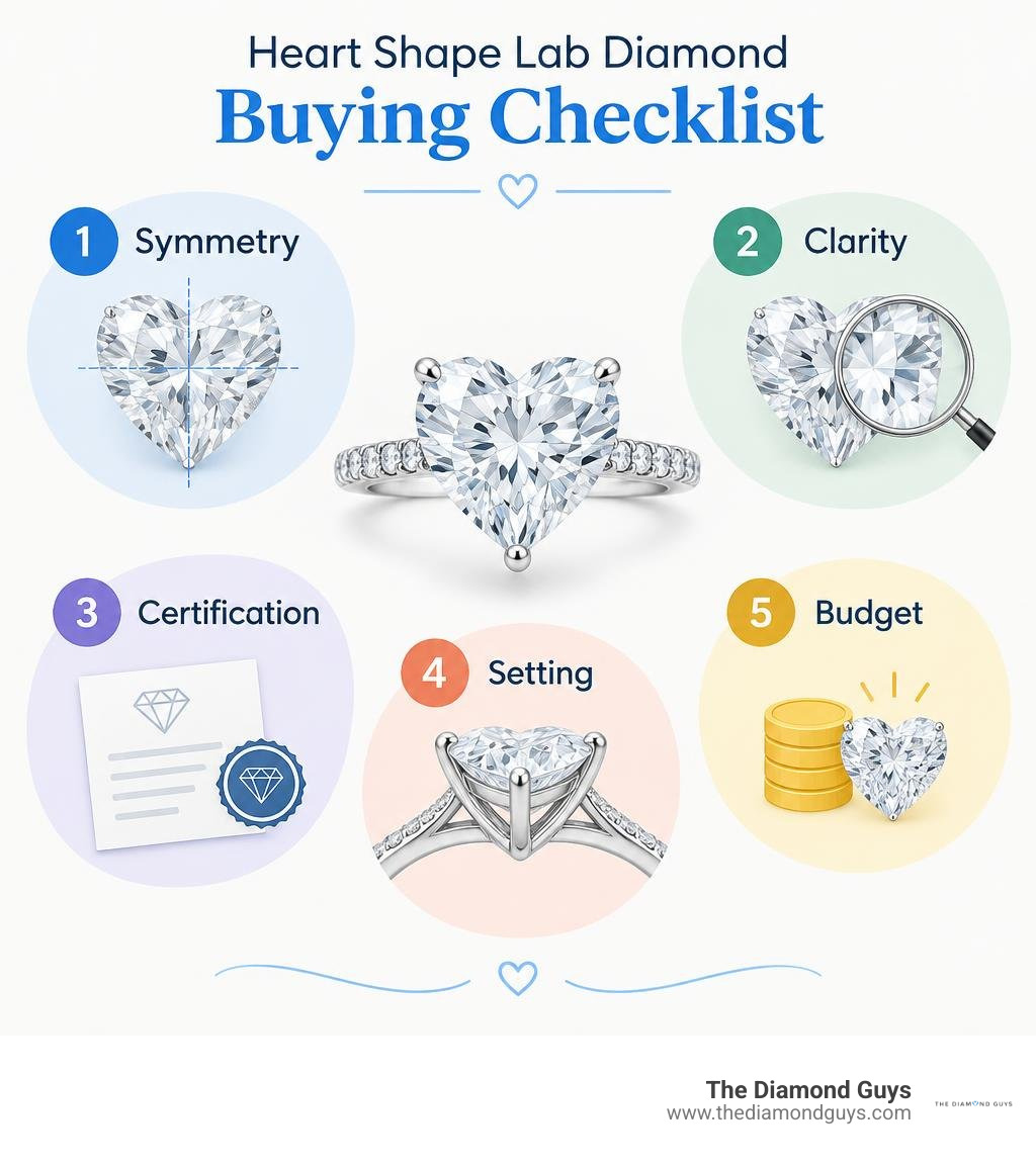 Heart shape lab diamond buying checklist: symmetry, clarity, certification, setting, and budget infographic Heart shape lab diamond buying checklist: symmetry, clarity, certification, setting, and budget infographic
