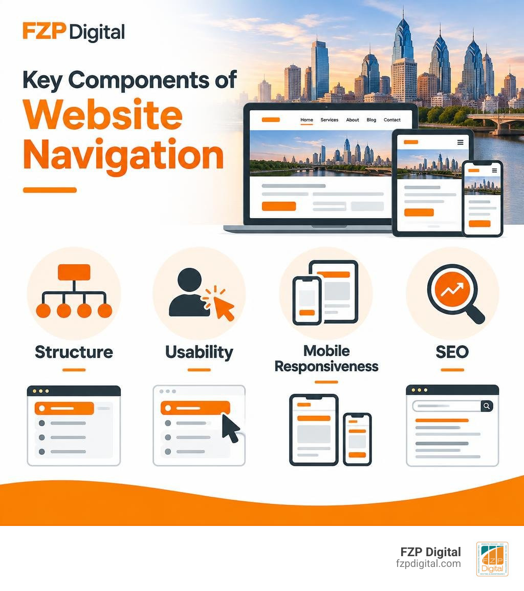 Key components of website navigation infographic: structure, usability, mobile responsiveness, and SEO infographic Key components of website navigation infographic: structure, usability, mobile responsiveness, and SEO infographic