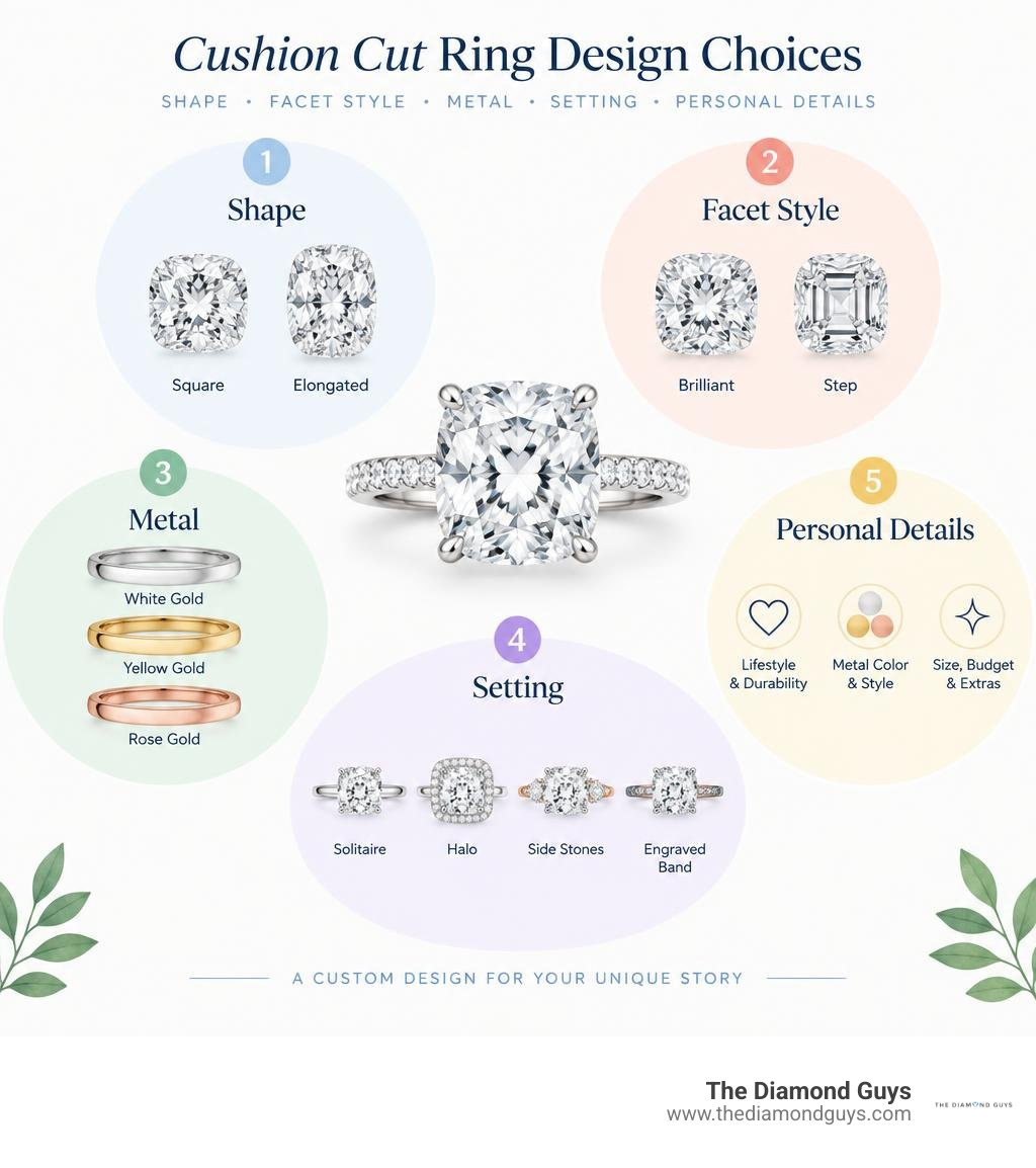 Cushion cut ring design choices: shape, facet style, metal, setting, and personal details infographic