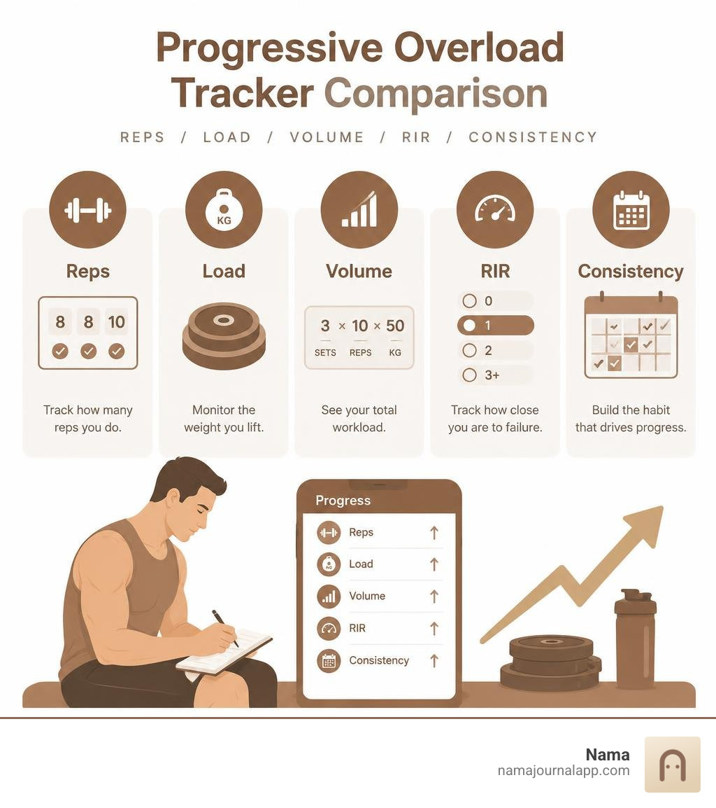 Progressive overload tracker comparison: reps, load, volume, RIR, and consistency infographic Progressive overload tracker comparison: reps, load, volume, RIR, and consistency infographic