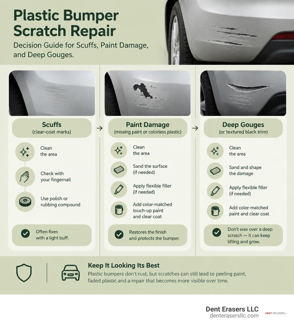 Plastic bumper scratch repair decision guide for scuffs, paint damage, and deep gouges infographic Plastic Bumper Scratch Repair Decision Guide For Scuffs, Paint Damage, And Deep Gouges Infographic