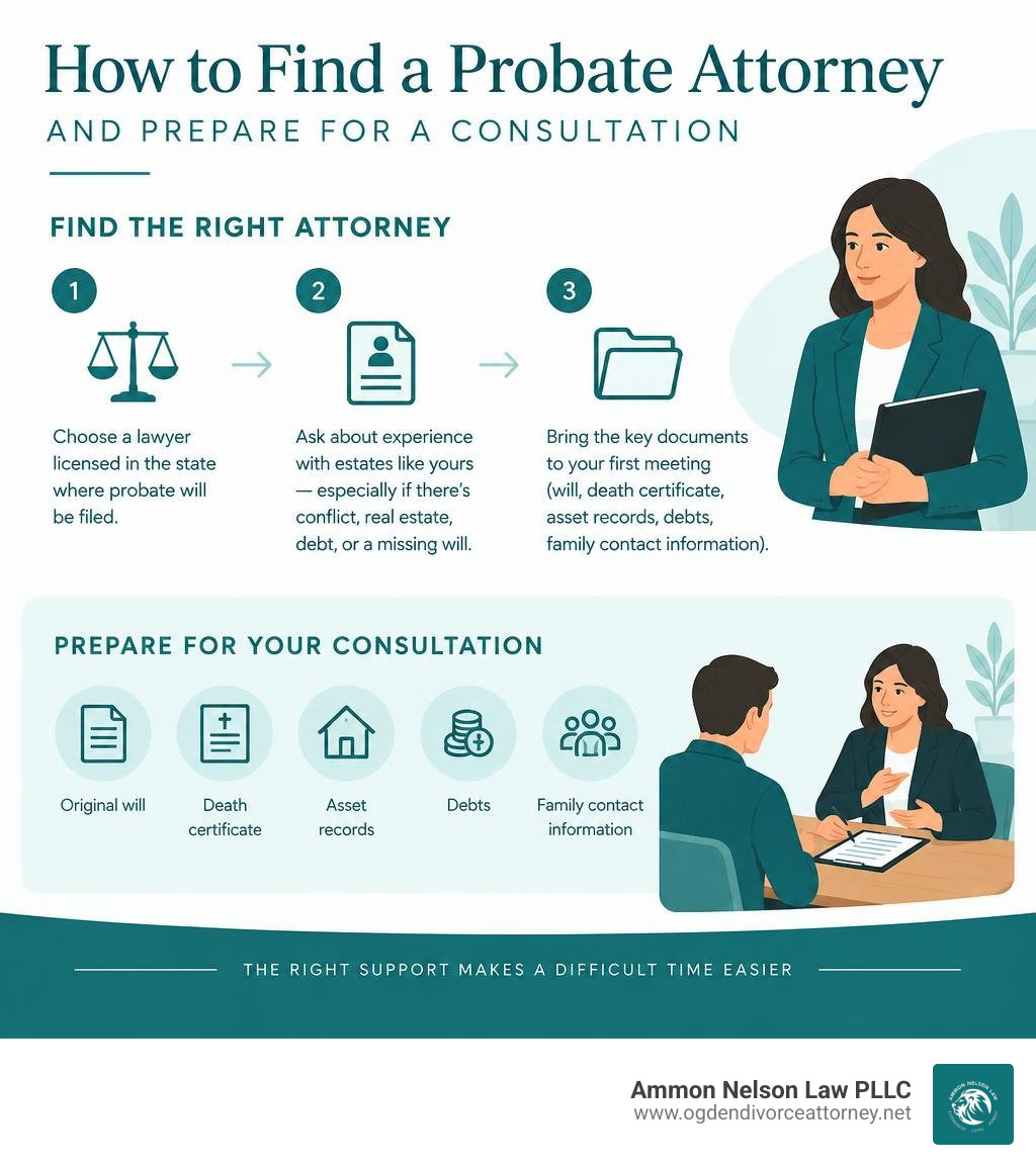 Infographic showing how to find a probate attorney and prepare for a consultation infographic Infographic showing how to find a probate attorney and prepare for a consultation infographic