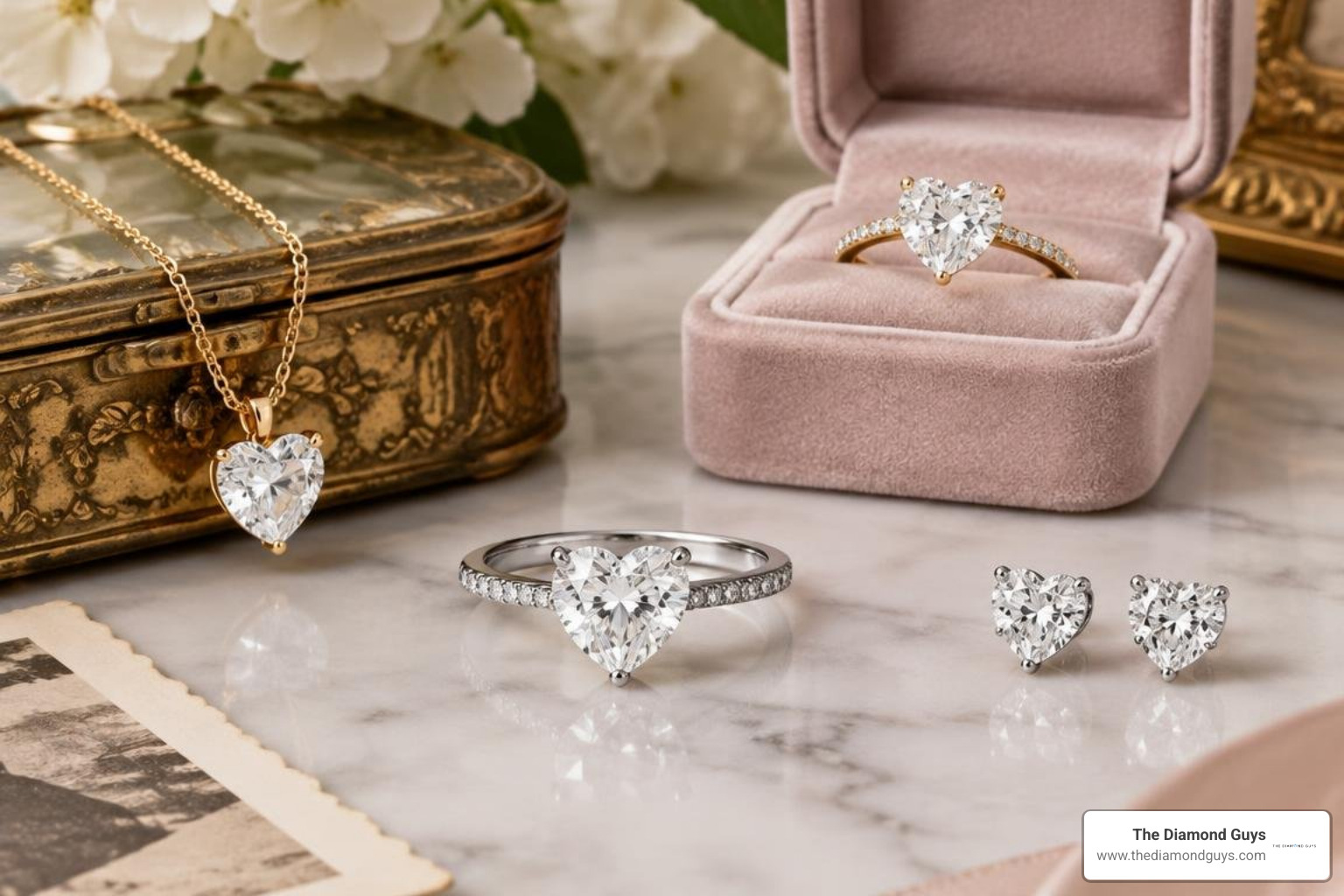 Curated collection of heart shape lab diamond jewelry in modern and vintage settings Curated collection of heart shape lab diamond jewelry in modern and vintage settings