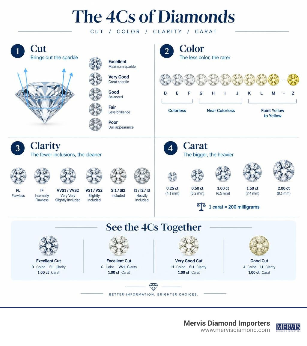 4Cs diamond quality chart showing cut color clarity and carat comparison infographic