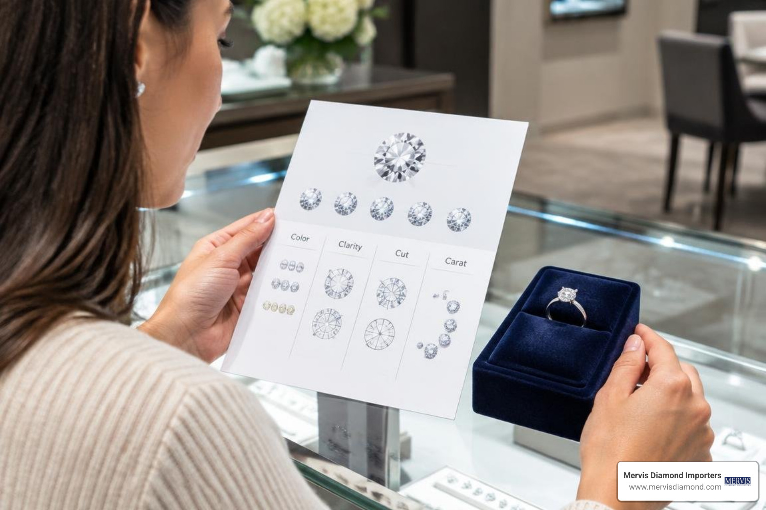 shopper using a printable diamond 4Cs chart side by side with a diamond ring