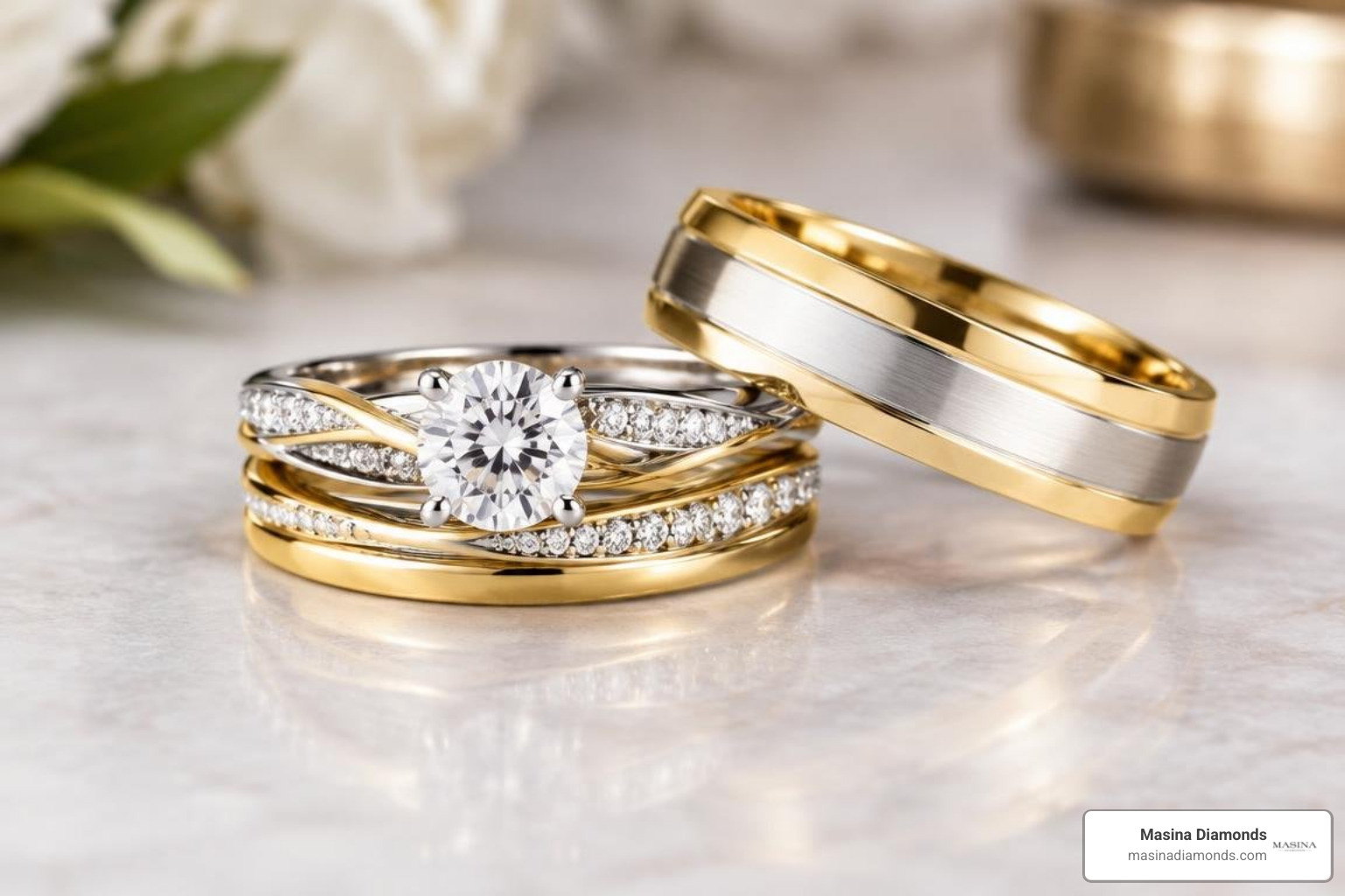 Modern mixed-metal bridal ring stack showing white and yellow gold harmony Modern mixed-metal bridal ring stack showing white and yellow gold harmony