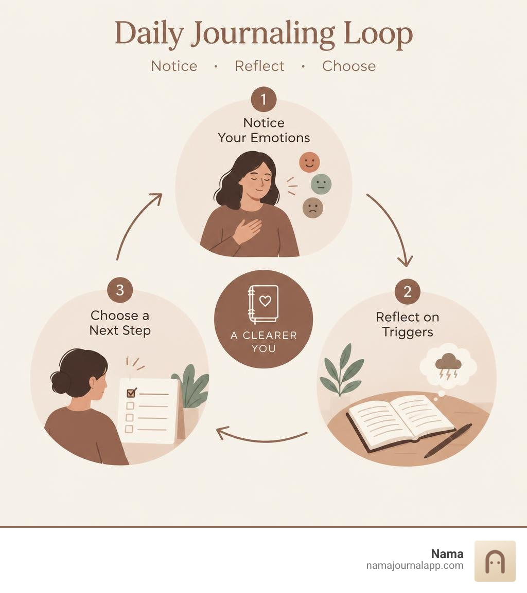 Daily journaling loop for noticing emotions, reflecting on triggers, and choosing a next step infographic Daily journaling loop for noticing emotions, reflecting on triggers, and choosing a next step infographic