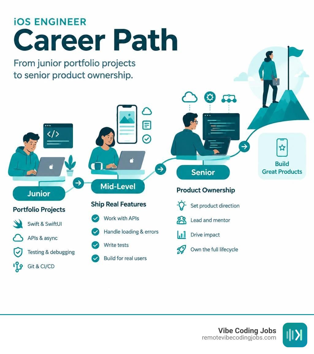 iOS engineer career path from junior portfolio projects to senior product ownership infographic iOS engineer career path from junior portfolio projects to senior product ownership infographic