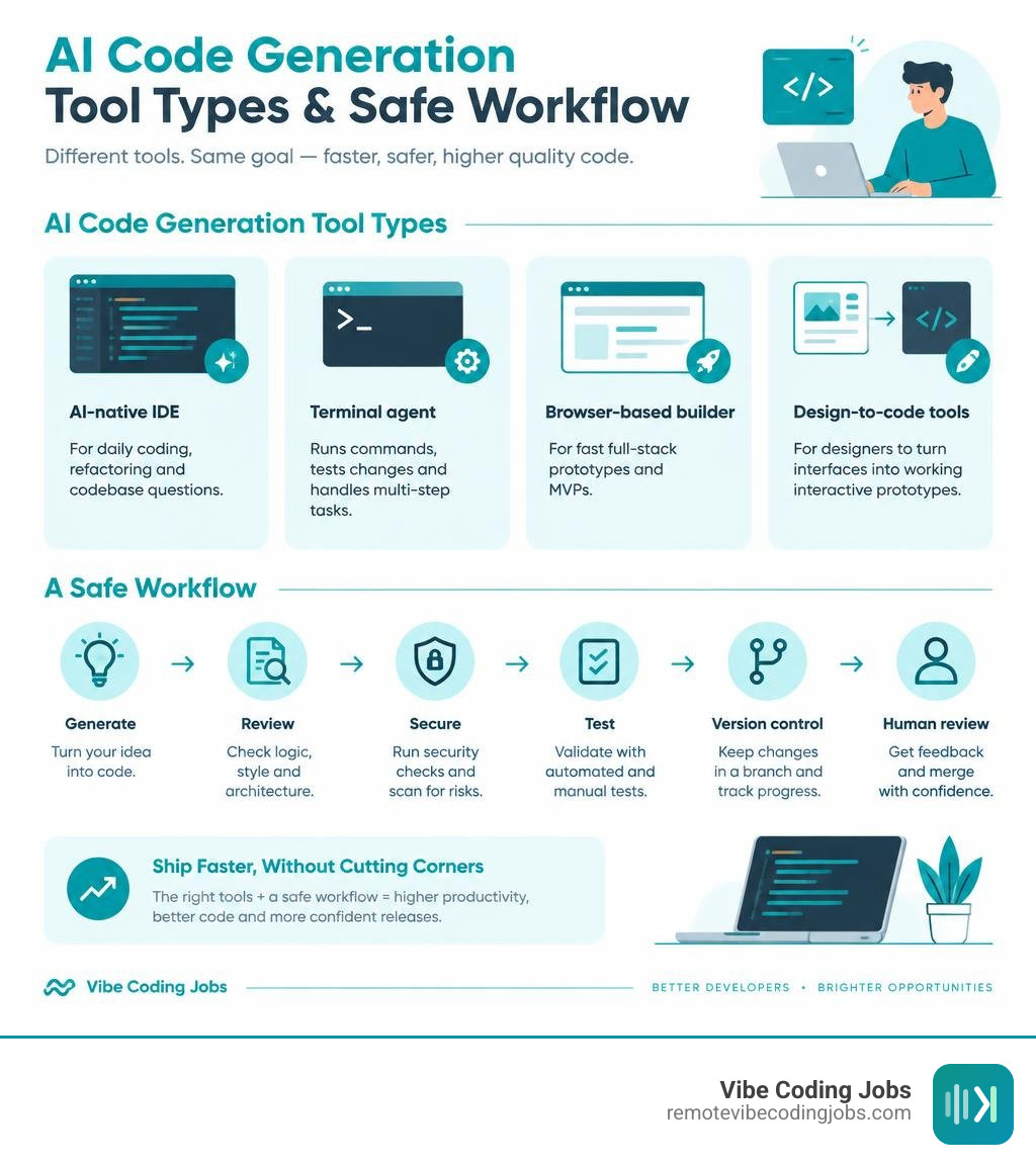 AI code generation tool types and safe workflow infographic AI code generation tool types and safe workflow infographic