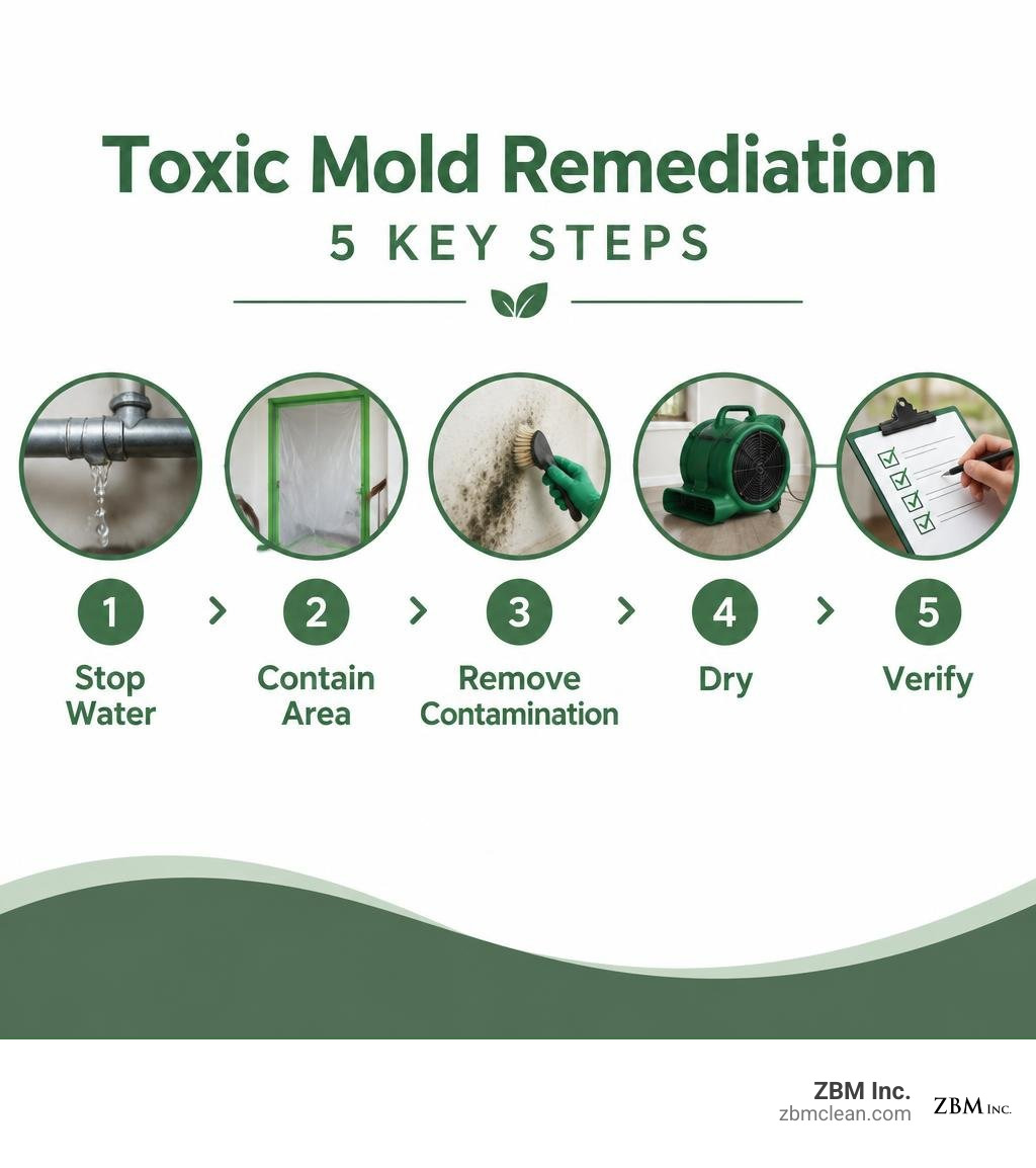 Toxic mold remediation steps: stop water, contain area, remove contamination, dry, verify infographic Toxic mold remediation steps: stop water, contain area, remove contamination, dry, verify infographic