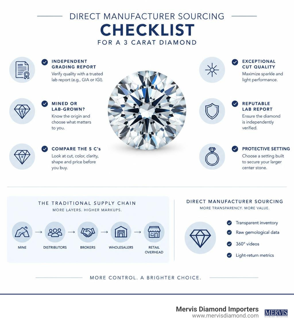 Direct manufacturer sourcing checklist for a 3 carat diamond infographic Direct manufacturer sourcing checklist for a 3 carat diamond infographic