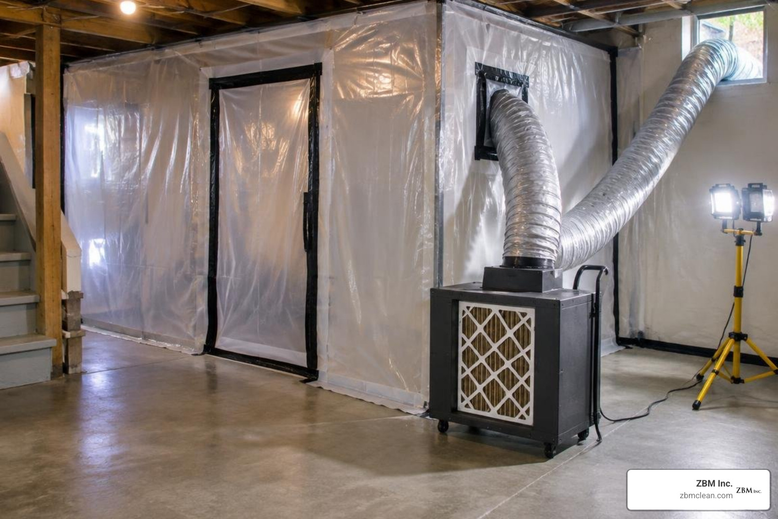 Sealed polyethylene containment zone equipped with a HEPA negative air machine Sealed polyethylene containment zone equipped with a HEPA negative air machine