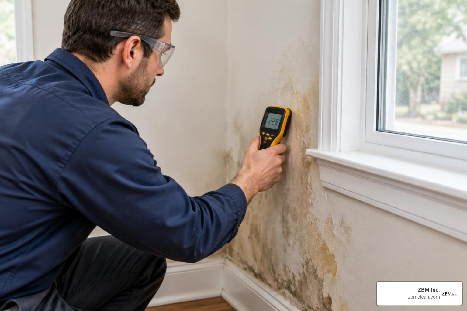 Technician using an infrared moisture meter to detect water intrusion Technician using an infrared moisture meter to detect water intrusion