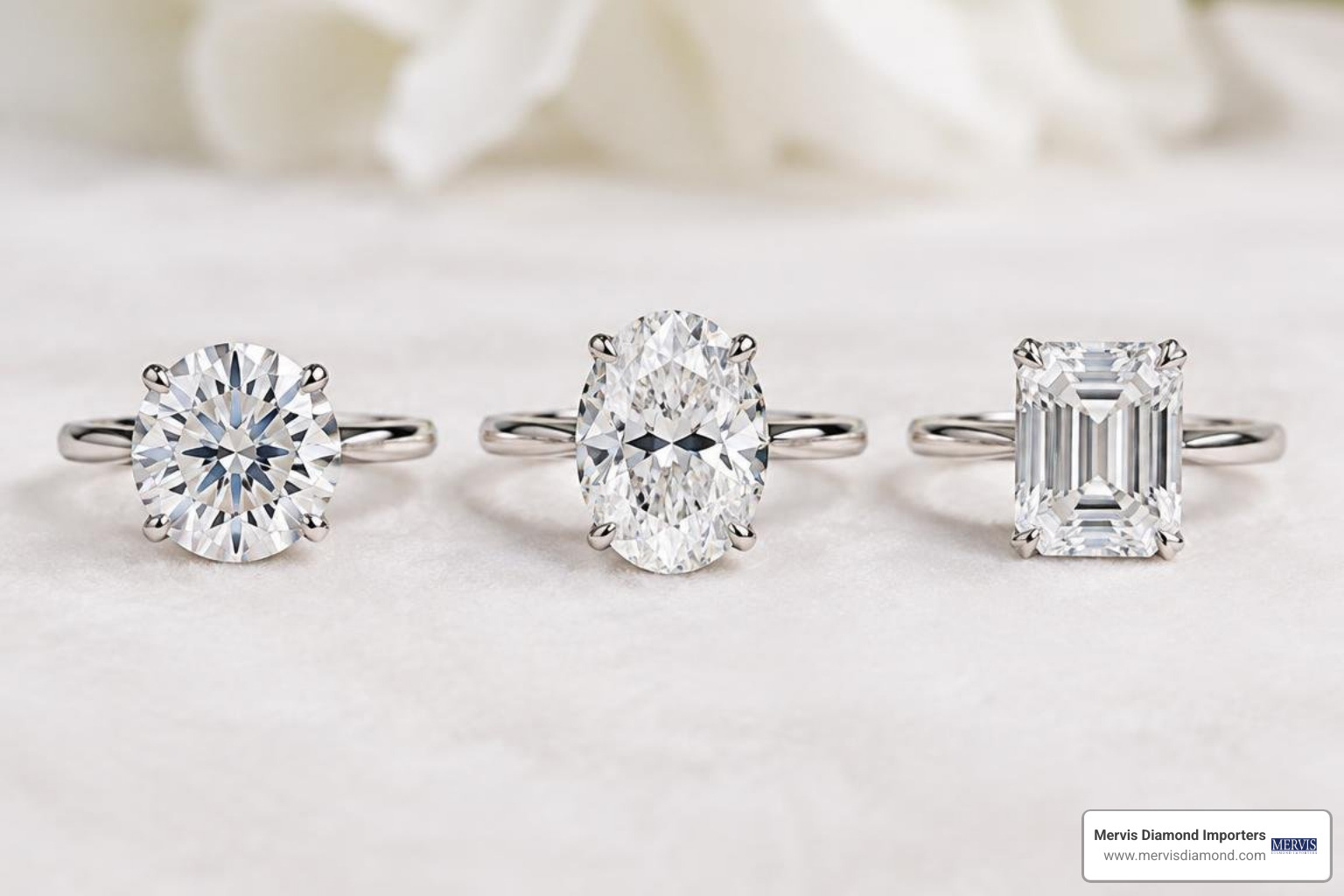 Round brilliant, oval, and emerald cut three carat diamonds Round brilliant, oval, and emerald cut three carat diamonds