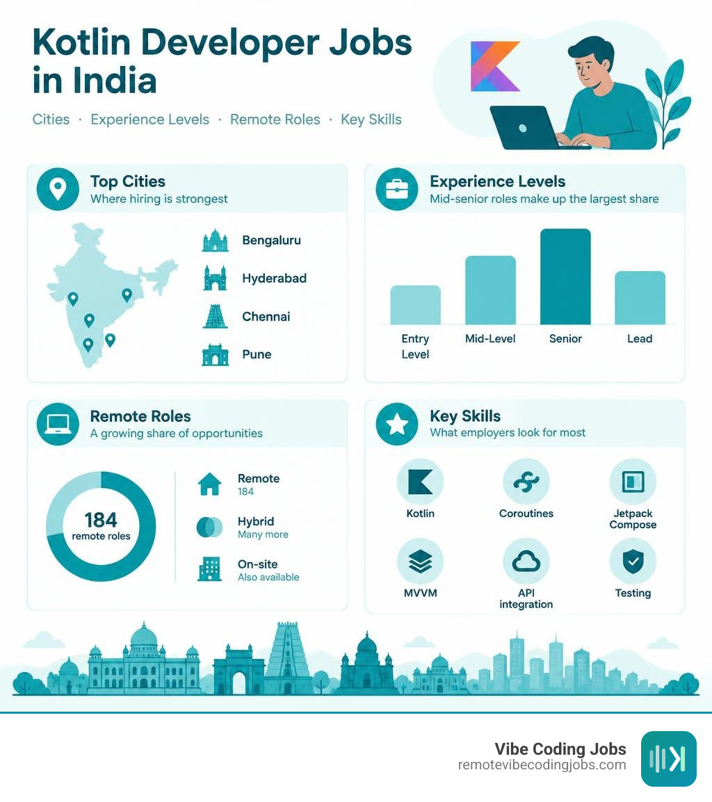 Kotlin jobs in India: cities, experience levels, remote roles, and key skills infographic
