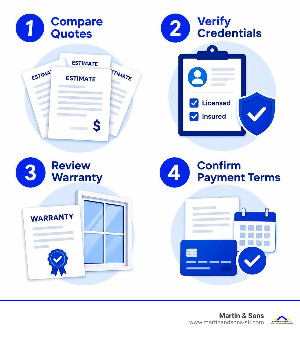 Infographic showing compare quotes, verify credentials, review warranty, and confirm payment terms infographic Infographic showing compare quotes, verify credentials, review warranty, and confirm payment terms infographic