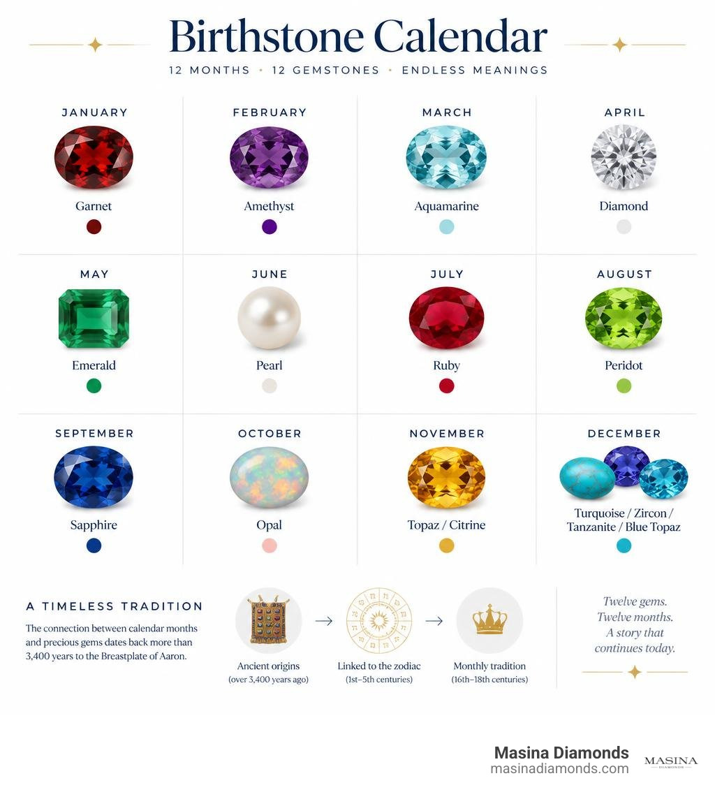 Birthstone calendar showing each month and its primary gemstone color infographic Birthstone calendar showing each month and its primary gemstone color infographic