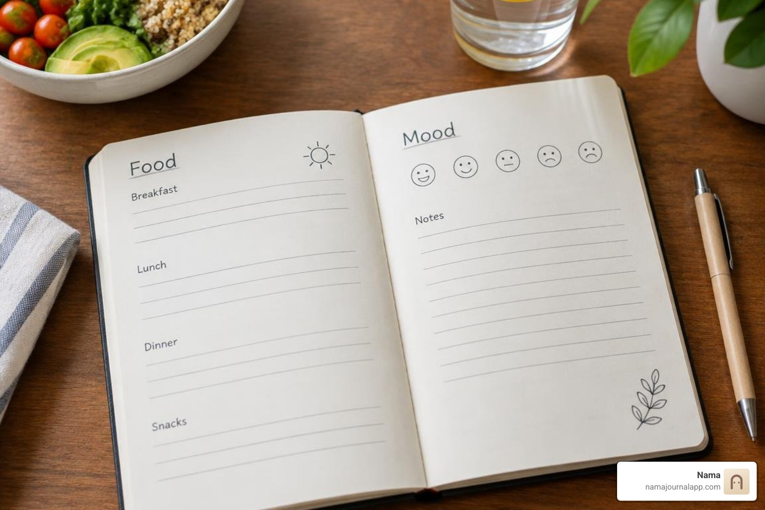 A structured food and mood entry template in a private journal A structured food and mood entry template in a private journal