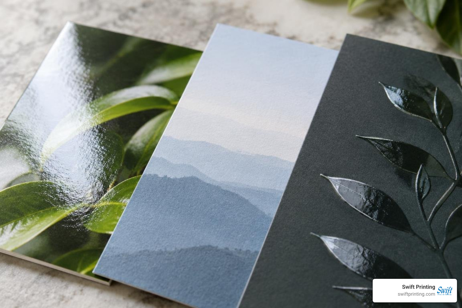 Close-up of matte, velvet, and spot UV coatings on thick paper Close-up of matte, velvet, and spot UV coatings on thick paper