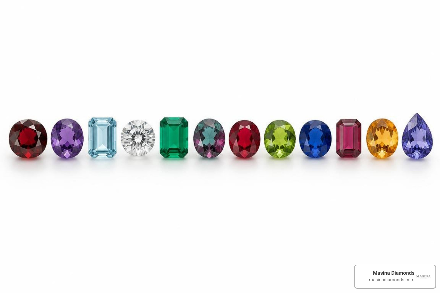 Twelve monthly birthstones arranged in order from January to December Twelve monthly birthstones arranged in order from January to December