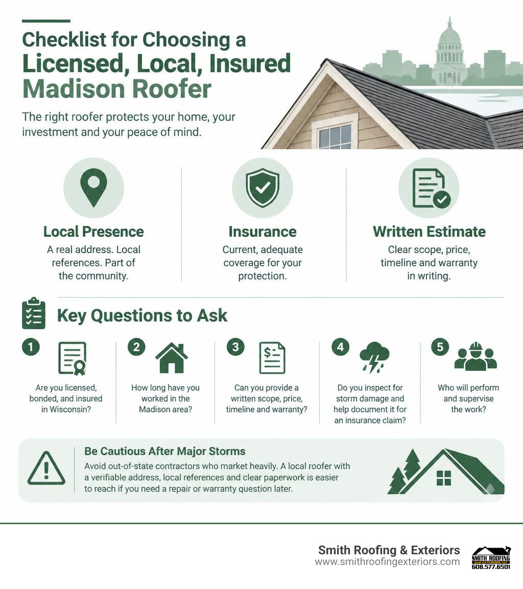 Checklist for choosing a licensed, local, insured Madison roofer infographic Checklist for choosing a licensed, local, insured Madison roofer infographic