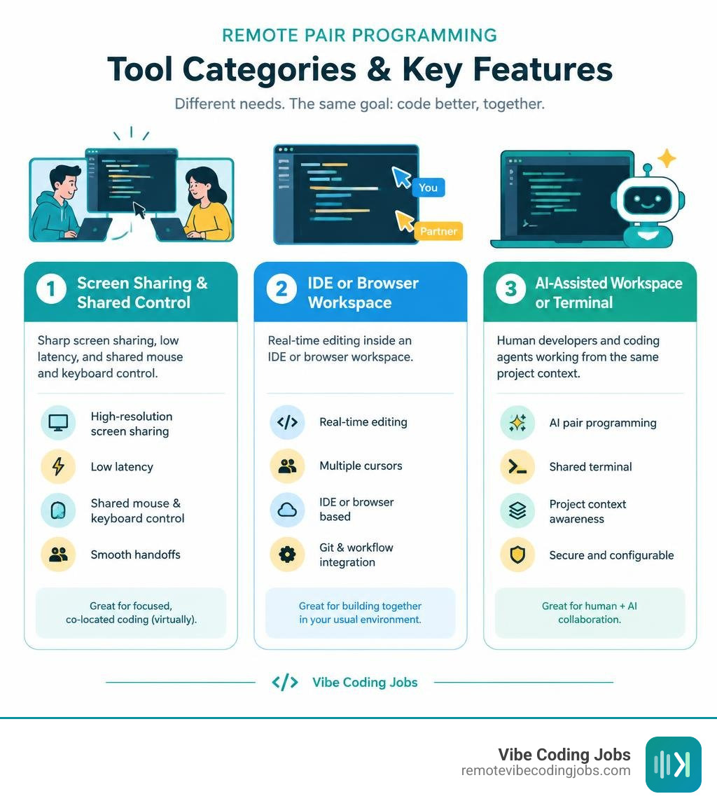 comparison of remote pair programming tool categories and key features infographic comparison of remote pair programming tool categories and key features infographic