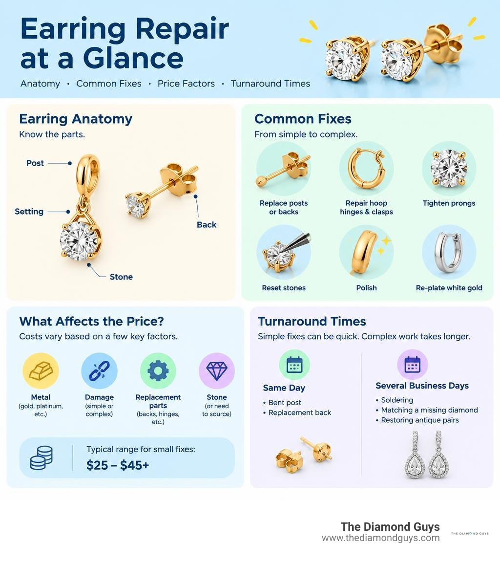 Earring repair anatomy, common fixes, estimated price factors, and turnaround times infographic