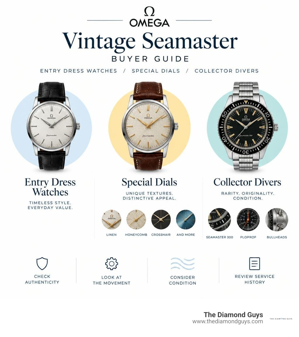 Vintage Omega Seamaster buyer guide: entry dress watches, special dials, and collector divers infographic Vintage Omega Seamaster buyer guide: entry dress watches, special dials, and collector divers infographic