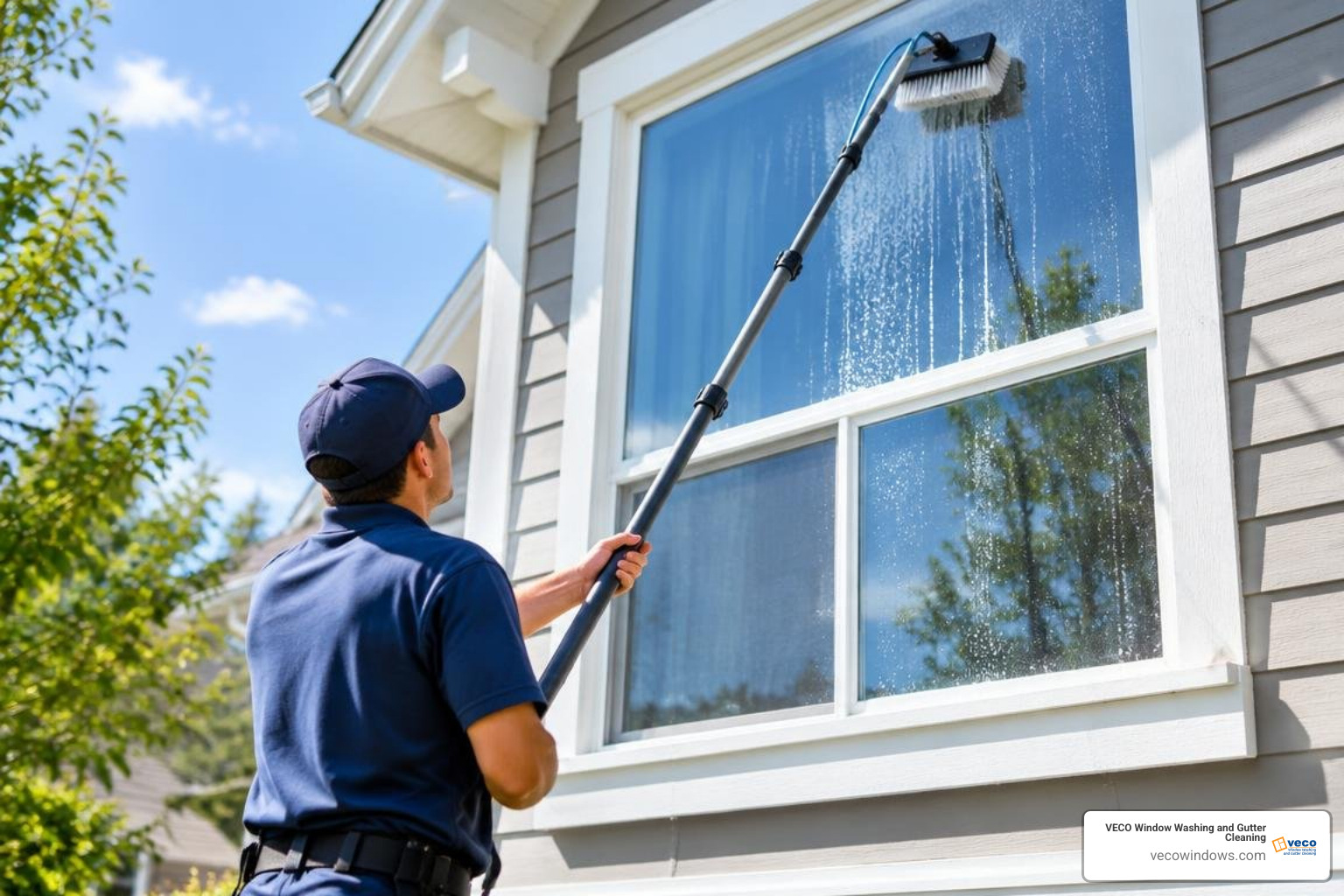 Technician using purified water-fed pole on exterior residential windows Technician using purified water-fed pole on exterior residential windows