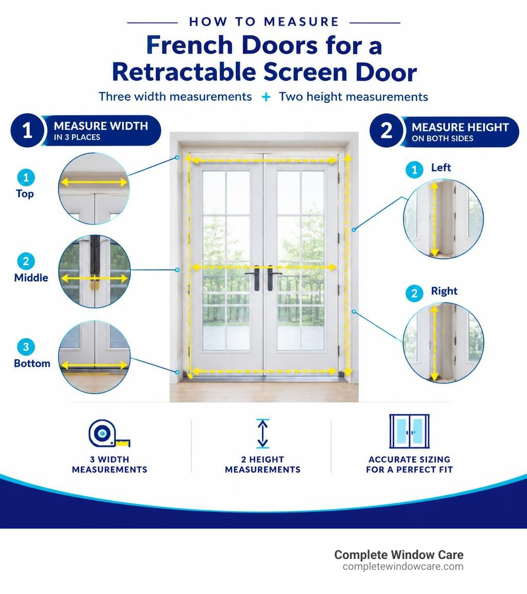 Infographic detailing three point width and two point height measurement steps for French doors infographic Infographic detailing three point width and two point height measurement steps for French doors infographic