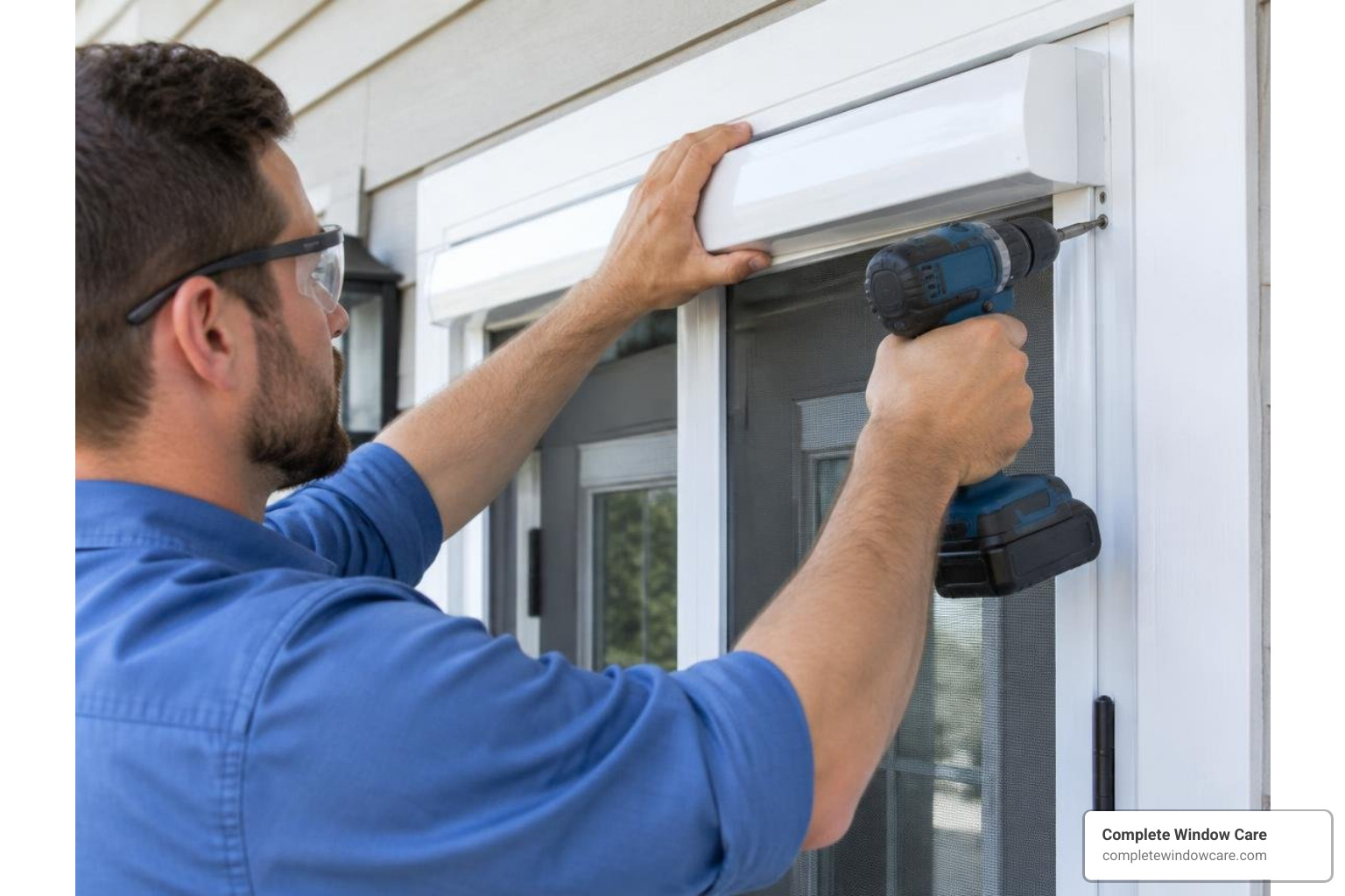 Technician using a power drill to surface mount a double screen cassette onto door trim Technician using a power drill to surface mount a double screen cassette onto door trim