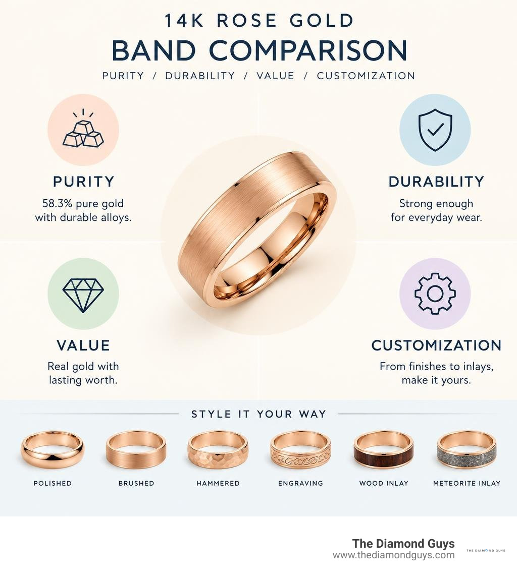 14k rose gold band comparison: purity, durability, value, and customization infographic 14k rose gold band comparison: purity, durability, value, and customization infographic