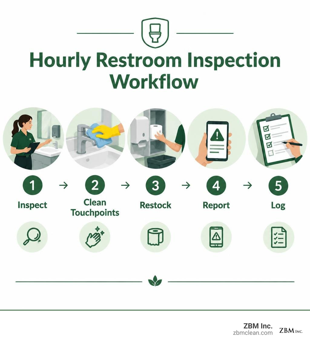 Hourly restroom inspection workflow: inspect, clean touchpoints, restock, report, log infographic Hourly restroom inspection workflow: inspect, clean touchpoints, restock, report, log infographic