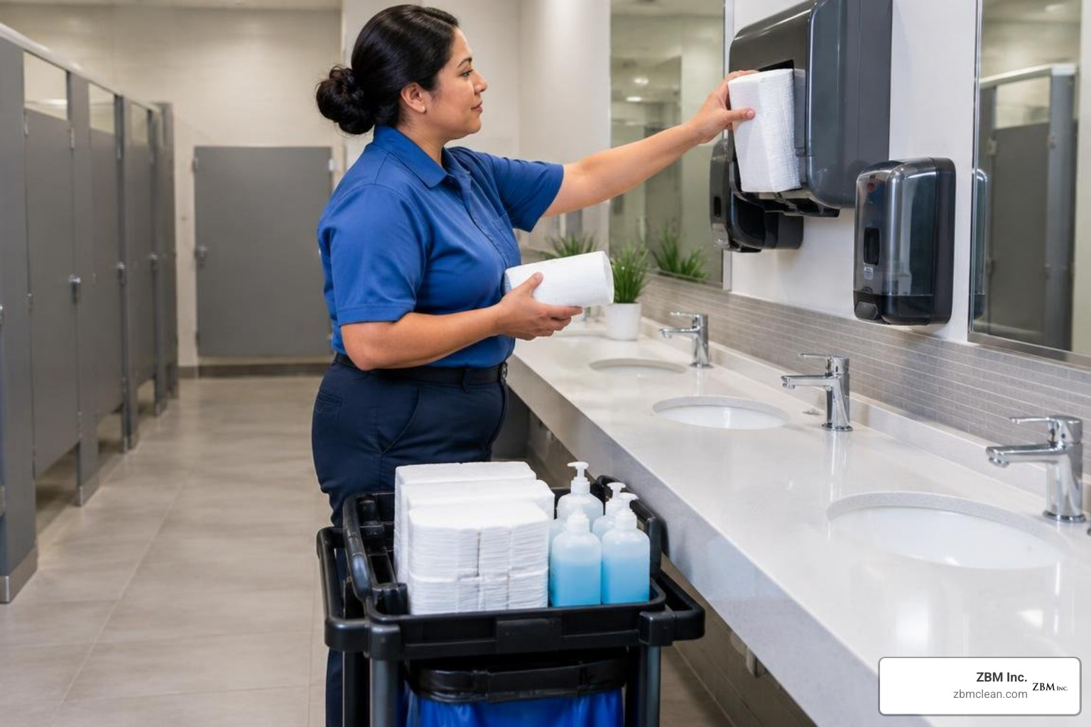 janitorial staff restocking commercial restroom janitorial staff restocking commercial restroom