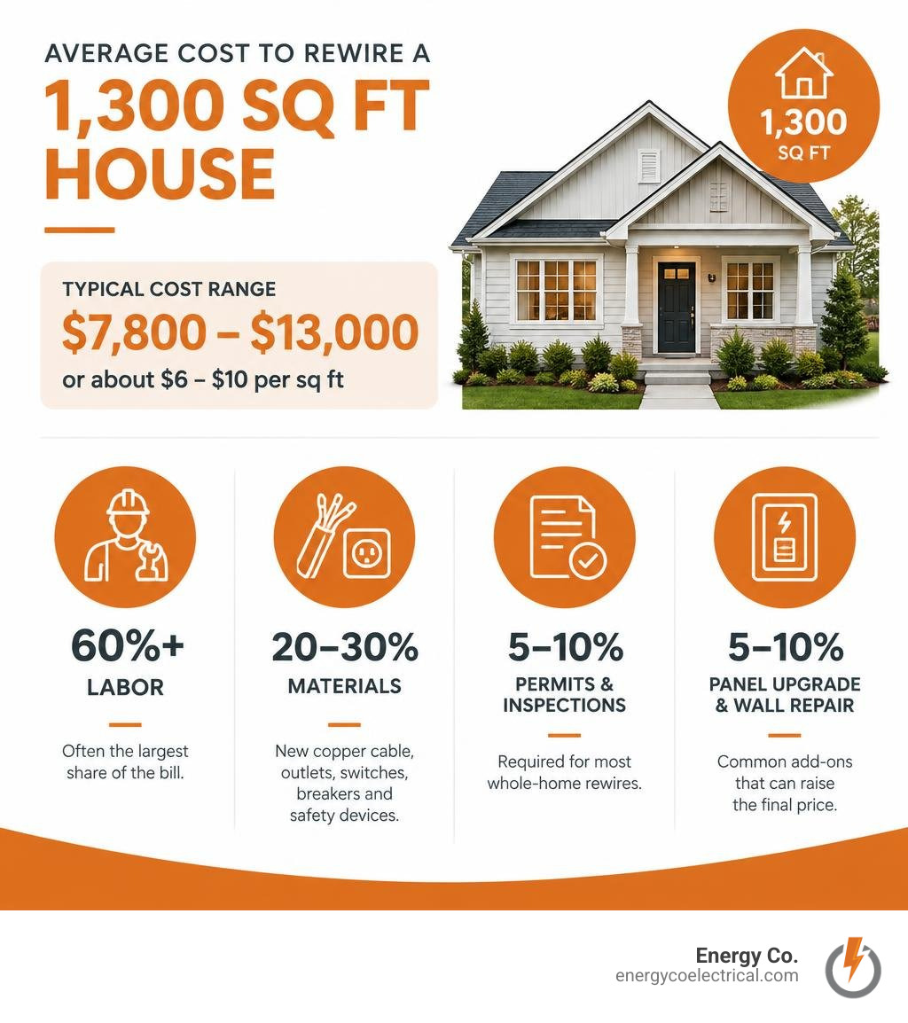 Average cost to rewire a 1300 sq ft house – 1300 sq ft house rewiring cost breakdown labor materials permits panel infographic