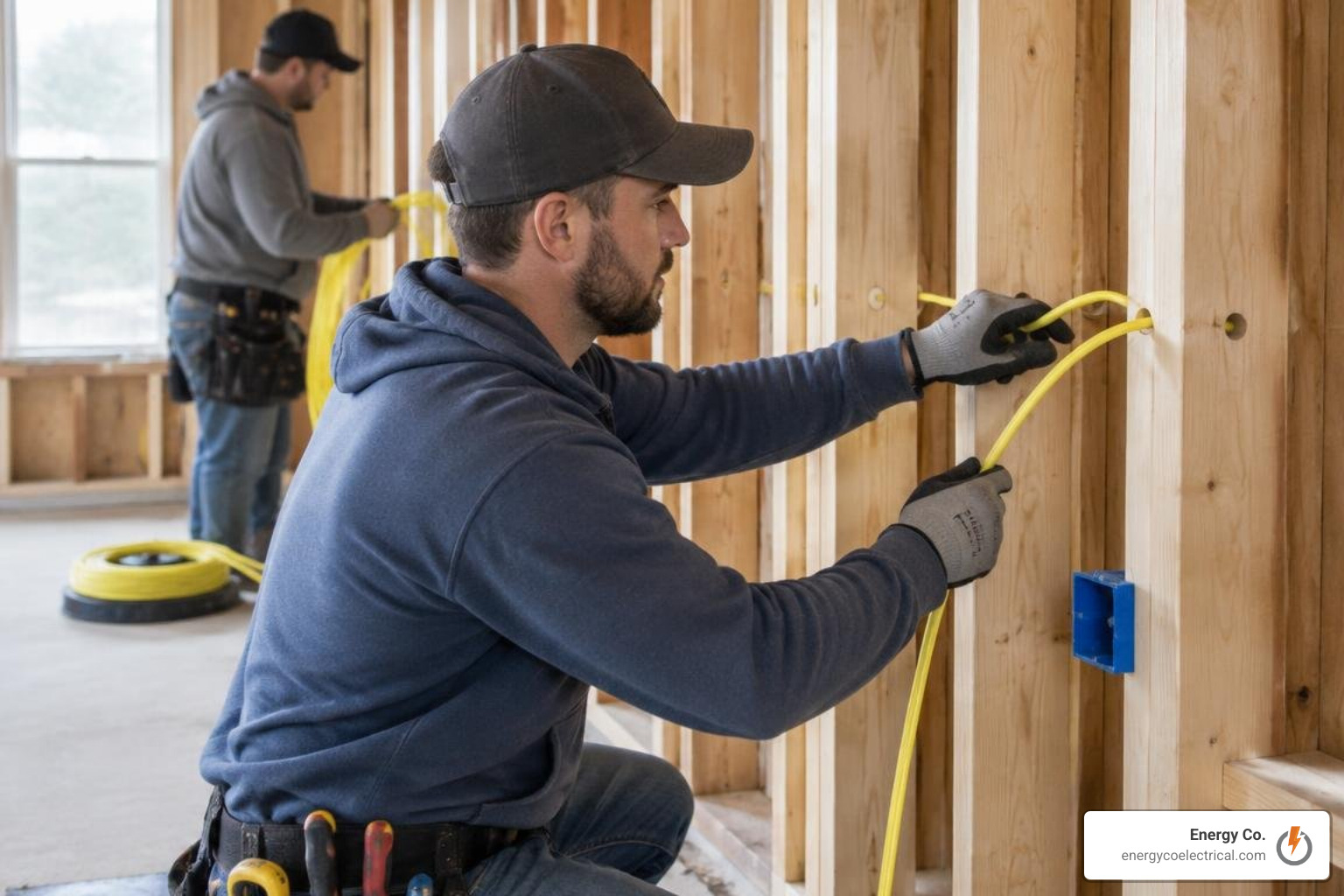 electricians pulling new Romex cables through wall framing