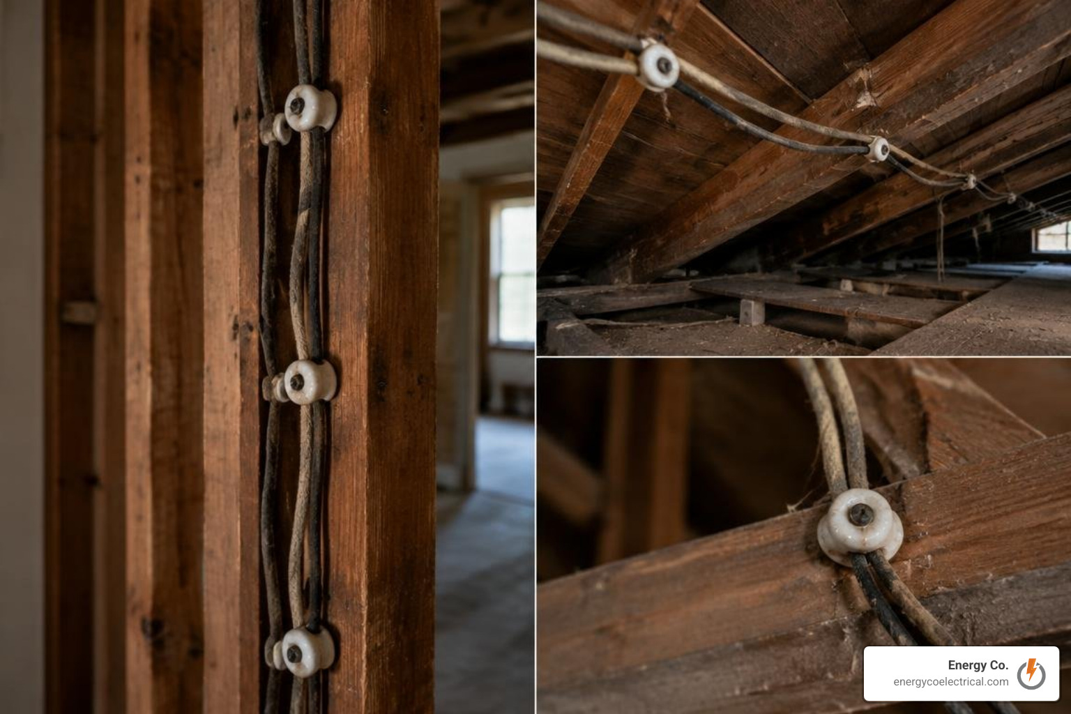 outdated knob and tube wiring in home framing