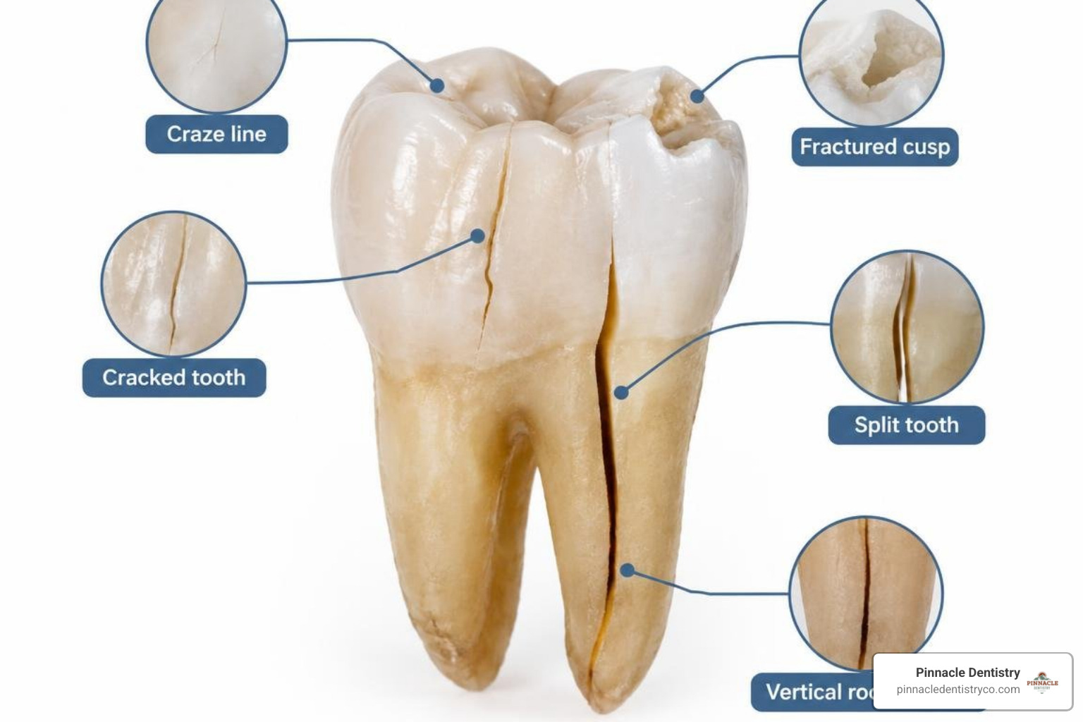 Tooth fracture classifications infographic: craze line, fractured cusp, cracked tooth, split tooth, vertical root fracture
