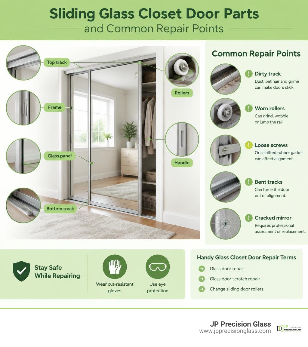 Sliding glass closet door parts and common repair points infographic Sliding glass closet door parts and common repair points infographic