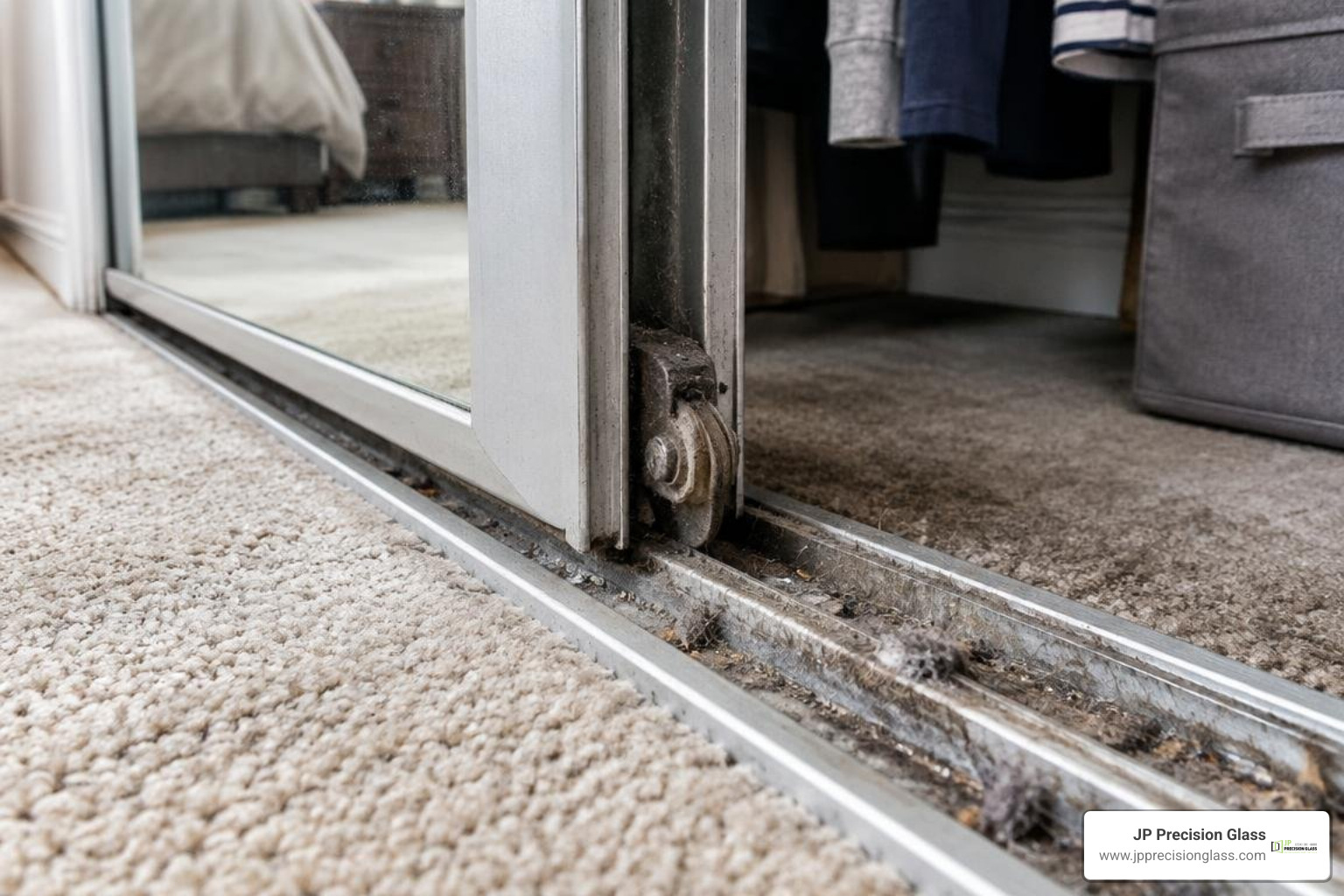 Clogged closet door bottom track and worn roller mechanism Clogged closet door bottom track and worn roller mechanism