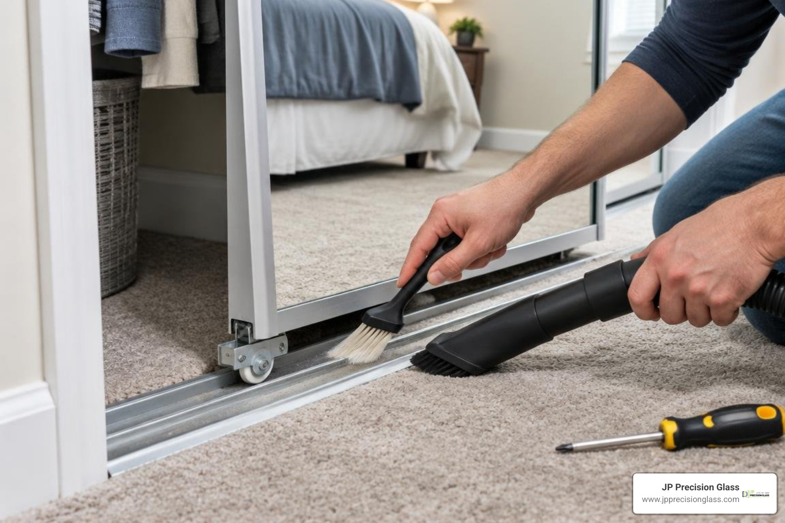 Cleaning tracks and adjusting roller height screws on sliding door Cleaning tracks and adjusting roller height screws on sliding door